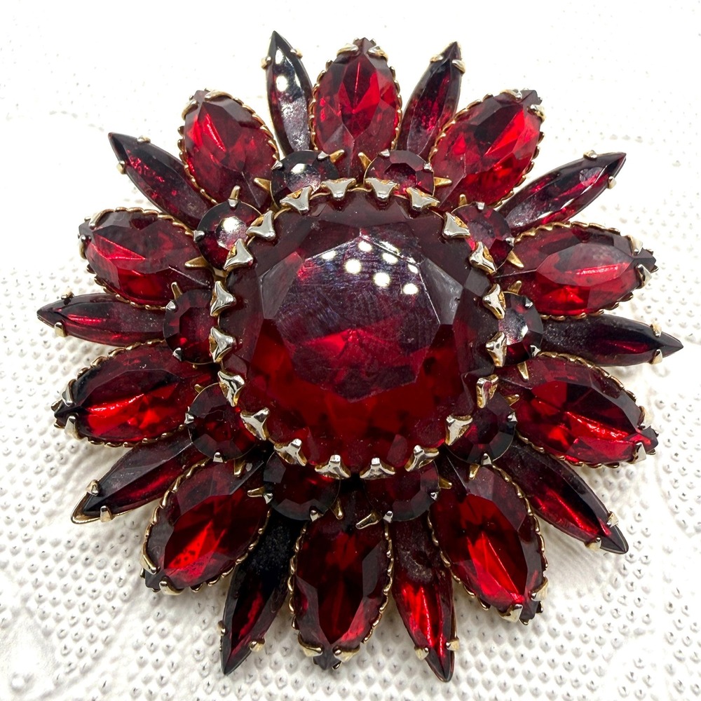 Vintage JUDY LEE Red Floral Cluster Rhinestone Brooch Pin w/ Marquise Crystals